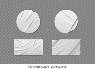 Crumpled White Stickers Of Round And Rectangular Shapes Isolated On Transparent Background. Realistic 3d Vector Patches