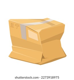 Crumpled wrinkled box vector illustration. Damaged cardboard package with adhesive tape and crush damage, bad packaging for delivery box and transportation problems of productsproducts