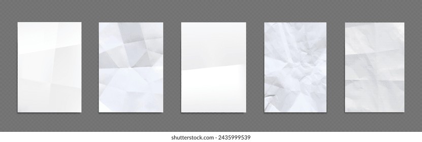 Crumpled and wrinkled white paper mockup. Realistic vector illustration set of creased blank a4 vertical sheet. Empty rough folded cardboard banner template with rumpled surface. Puckered page.