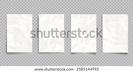 Crumpled wrinkled white paper  sheets mockup isolated on transparent background. Realistic vector illustration set of puckered page.Texture memory notes, message notepaper,banner template