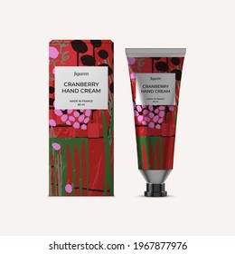 Crunberry hand cream mockup, package design template with attractive label design and vector illustration