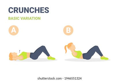 Crunch Female Home Workout Exercise Guide. Colorful Concept of Girl Working at Home on Her Abs a Young Woman in Sportswear Top, Sneakers and Leggings Doing Crunches in Two Stages.