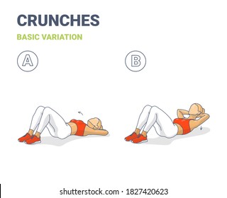 Crunch Female Workout Exercise Guide Illustration. Colorful Concept of Girl Working at Hom on Her Abs a Young Woman in Sportswear Top, Sneakers and Leggings Doing Crunches in Two Stages.