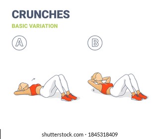 Crunch Female Workout Übungshandbuch Illustration. Farbiges Konzept der Girl-Arbeit zu Hause auf ihre Abs eine junge Frau in Sportswear Top, Turnschuhe und Leggings zu machen Crunches in zwei Stufen.