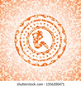 crunch icon inside abstract orange mosaic emblem