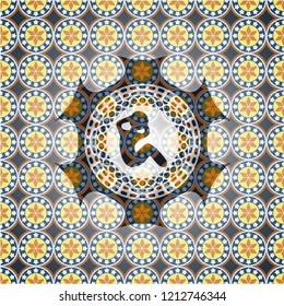 crunch icon inside arabic badge. Arabesque decoration.