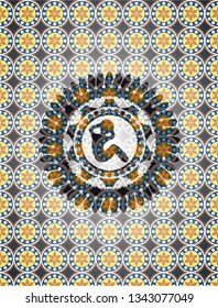 crunch icon inside arabic badge. Arabesque decoration.