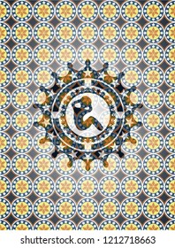 crunch icon inside arabic style badge. Arabesque decoration.