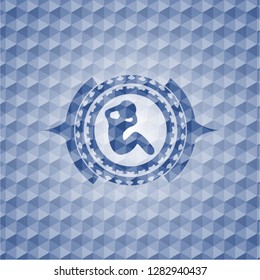 crunch icon inside blue emblem or badge with abstract geometric pattern background.