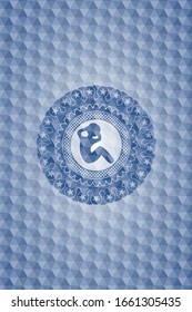 crunch icon inside blue emblem or badge with abstract geometric pattern background.