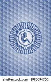 crunch icon inside blue emblem or badge with abstract geometric polygonal pattern background. 