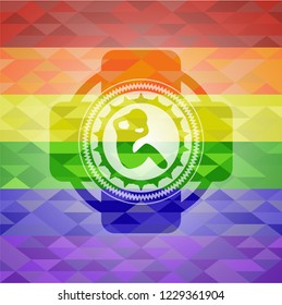 crunch icon inside emblem on mosaic background with the colors of the LGBT flag