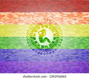 crunch icon inside emblem on mosaic background with the colors of the LGBT flag