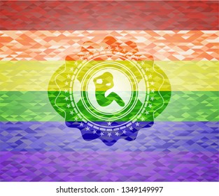crunch icon inside emblem on mosaic background with the colors of the LGBT flag