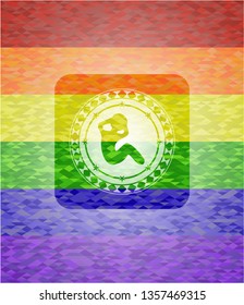 crunch icon inside emblem on mosaic background with the colors of the LGBT flag