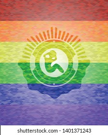 crunch icon inside emblem on mosaic background with the colors of the LGBT flag