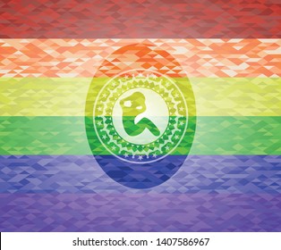 crunch icon inside emblem on mosaic background with the colors of the LGBT flag