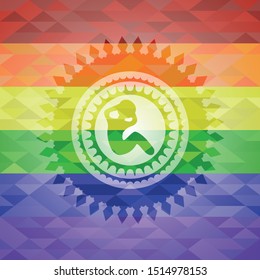 crunch icon inside emblem on mosaic background with the colors of the LGBT flag