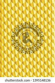 crunch icon inside gold shiny badge. Scales pattern. Vector Illustration. Detailed.