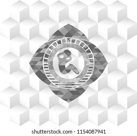 crunch icon inside grey badge with geometric cube white background