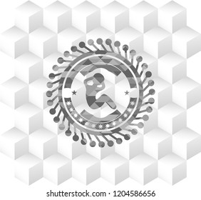 crunch icon inside grey badge with geometric cube white background