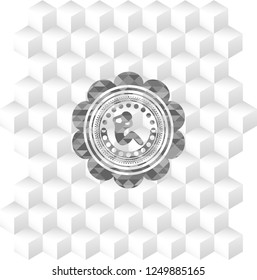 crunch icon inside grey badge with geometric cube white background