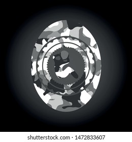 crunch icon inside grey camouflage texture