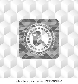 crunch icon inside grey emblem. Vintage with geometric cube white background