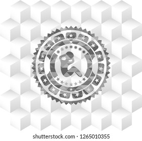 crunch icon inside grey emblem with geometric cube white background
