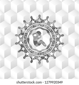 crunch icon inside grey emblem. Retro with geometric cube white background