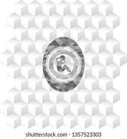 crunch icon inside grey emblem with cube white background