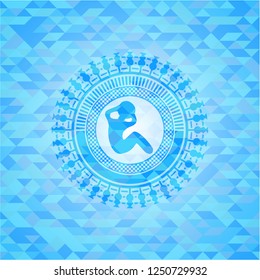 crunch icon inside light blue emblem. Mosaic background