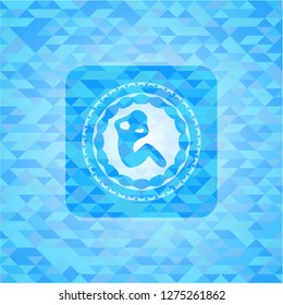 crunch icon inside light blue emblem. Mosaic background