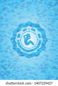 crunch icon inside light blue emblem. Mosaic background