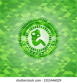 crunch icon inside realistic green emblem. Mosaic background