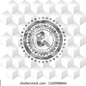 crunch icon inside realistic grey emblem with geometric cube white background