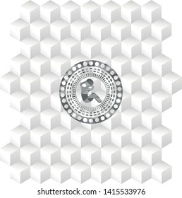 crunch icon inside realistic grey emblem with geometric cube white background