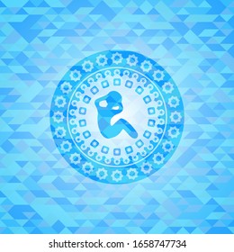 crunch icon inside realistic light blue emblem. Mosaic background