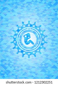 crunch icon inside realistic sky blue emblem. Mosaic background