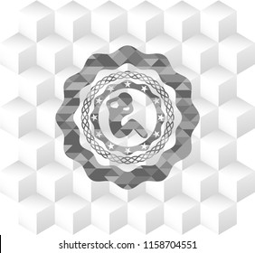 crunch icon inside retro style grey emblem with geometric cube white background