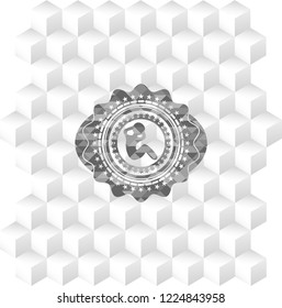 crunch icon inside retro style grey emblem with geometric cube white background