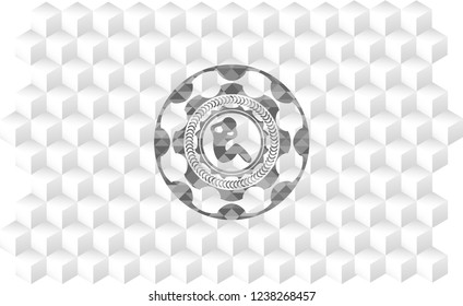 crunch icon inside retro style grey emblem with geometric cube white background