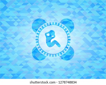 crunch icon inside sky blue emblem. Mosaic background