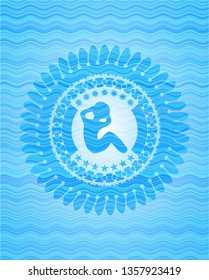 crunch icon inside sky blue water wave badge background.