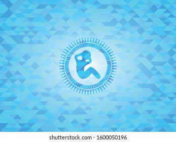 crunch icon inside sky blue emblem. Mosaic background