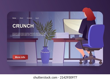 Crunch Time Concept In Cartoon Design For Landing Page. Overworked Woman Working In Office Late At Night. Business Deadline Overtime, Stress At Work. Vector Illustration With People For Web Homepage