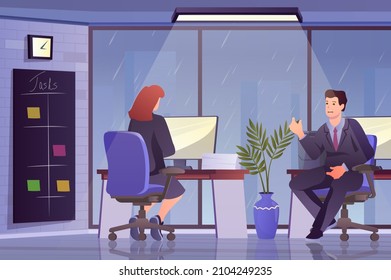 Crunch Time Concept In Flat Cartoon Design. Overworked Man And Woman Working In Office Late At Night. Business Deadline Overtime, Stress At Work. Vector Illustration With People Scene Background