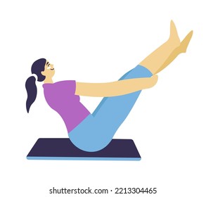 Crunches exercises for strengthening and growing muscles on belly. Isolated female character on mat holding plank. Athletic girl personage in gym or home fitness and sports. Vector in flat style