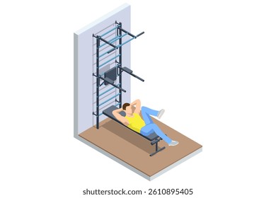 Crunches. Isometric vector illustration of a man doing bicycle crunches on an exercise bench near wall bars. Abdominal strength, core training, fitness exercise. Athletic lifestyle, sports equipment.