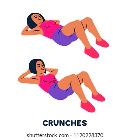 Crunches Sport exersice. Silhouettes of woman doing exercise. Workout, training Vector illustration